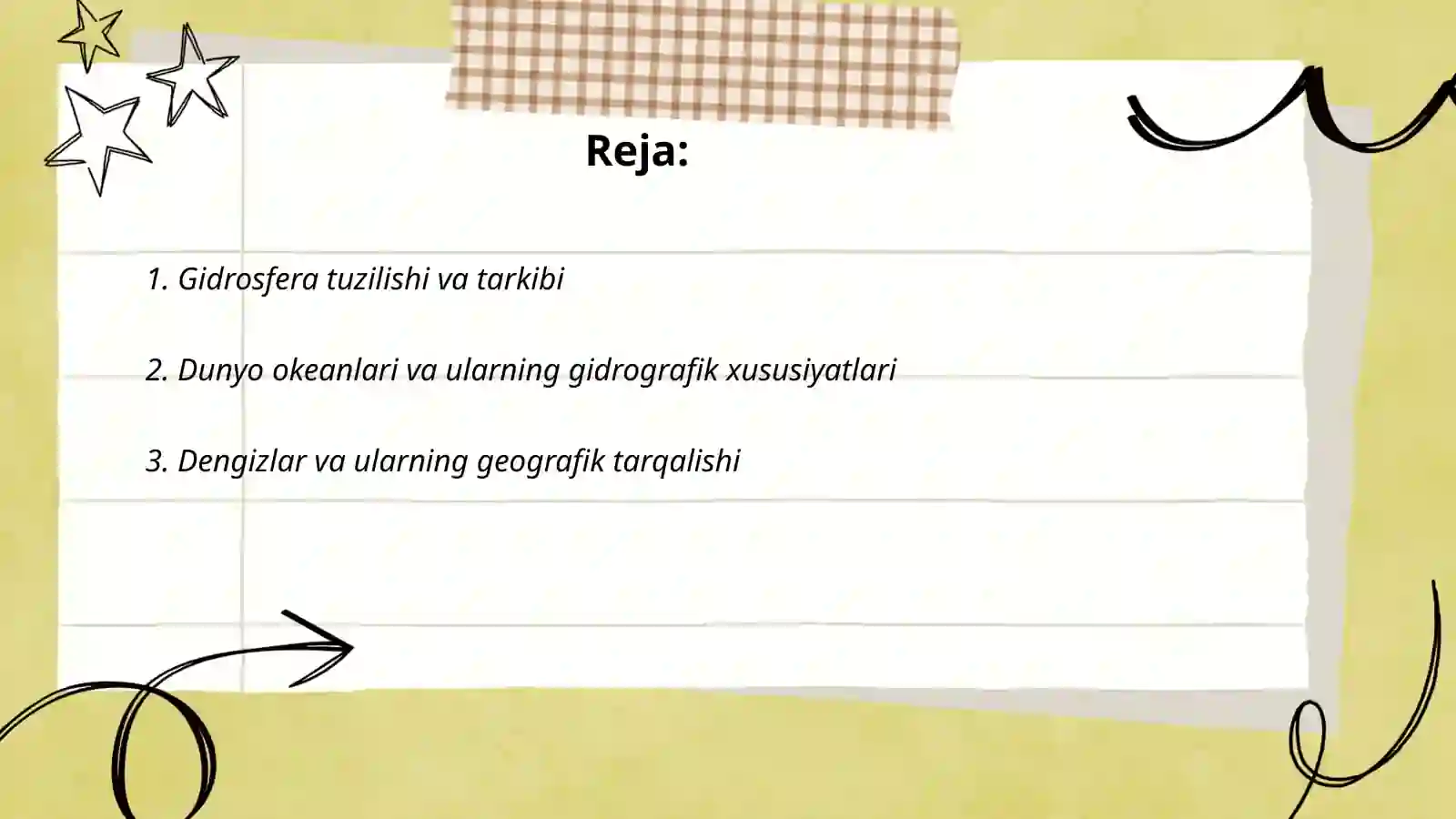 Yerning Gidrosfera qobig’ining tuzilishini o’rganish. Yer sharidagi chuchuk suv zahiralari va ulardan oqilona foydalanish. Yer yuzidagi okean, dengiz,daryo suvlari 2