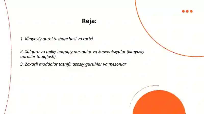 Kimyoviy qurol. Zaxarli moddalarning tasnifi. Kimyoviy vaziyatni baholash 2