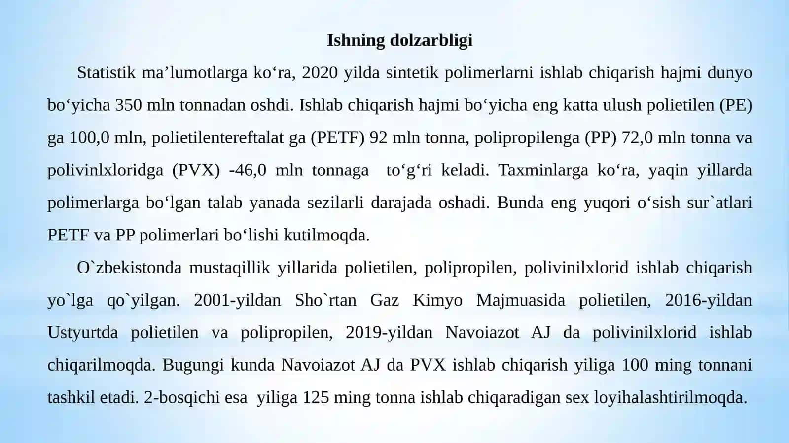 Polivinilxloridning termik barqarorligini o'rganish va oshirish 2