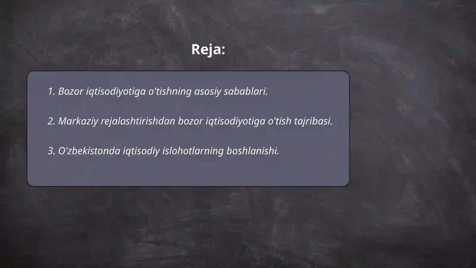 O’zbekistonda bozor iqtisodiyotiga o’tishning zaruriyati va bozor iqtisodiyotining hozirgi holati bo’yicha taqdimot tayyorlash 2
