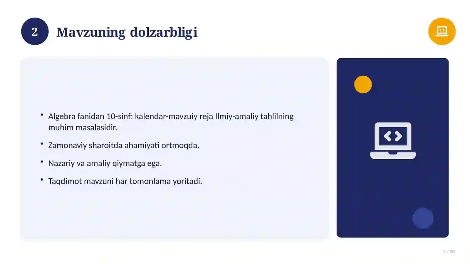 Algebra fanidan 10-sinf: kalendar-mavzuiy reja 2