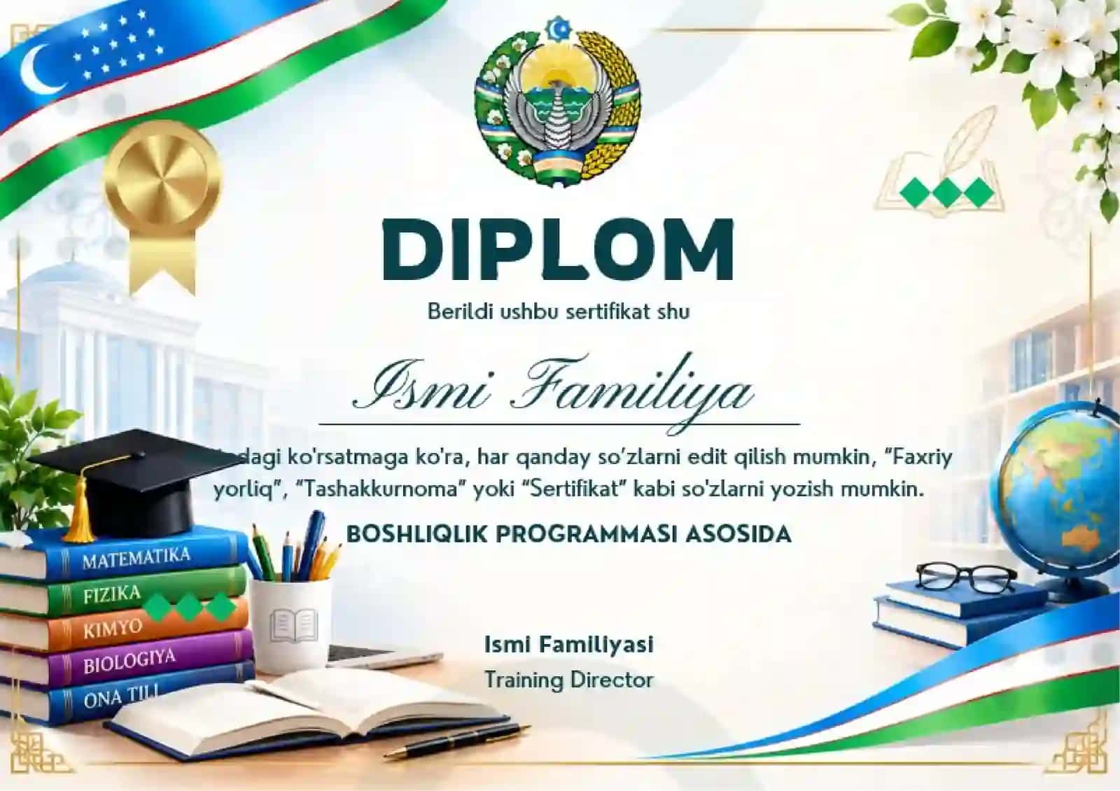 Shablon diplom, sertifikat, faxriy yorliq, tashakkurnoma yoki maqtov yorlig'i 2