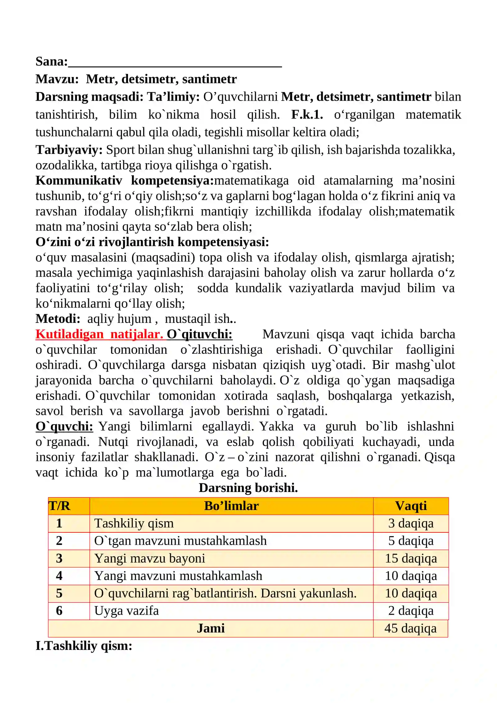 Metr, detsimetr, santimetr mavzusida 2-sinf matematika fanidan dars ishlanmasi 2
