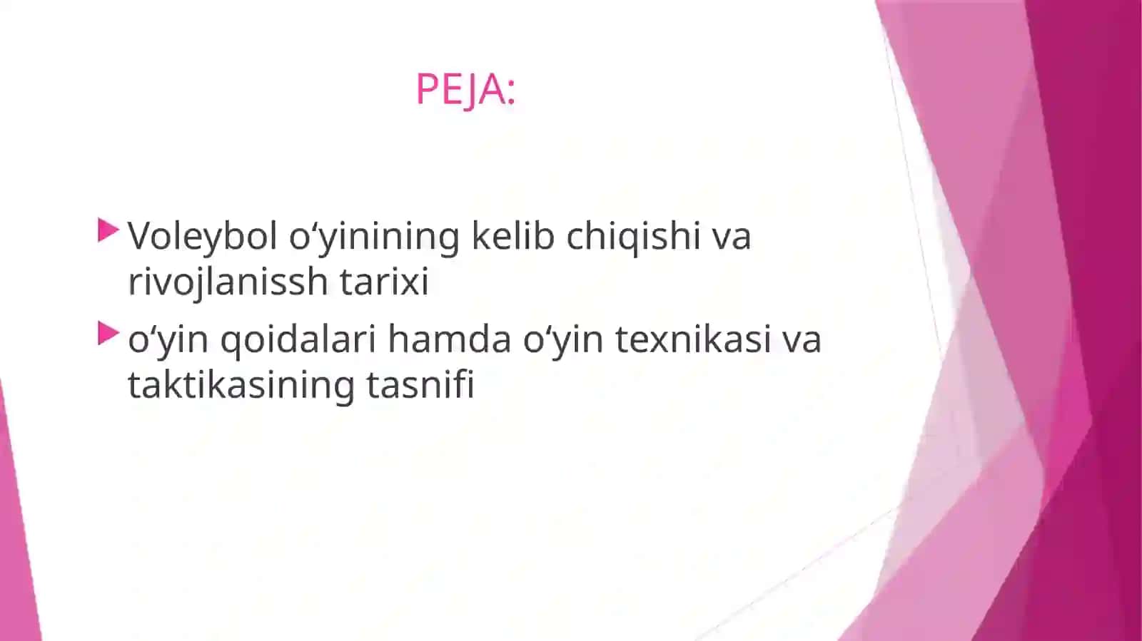 Voleybolo‘yinining kelib chiqishi va rivojlanish tarixi, o‘yin qoidalari hamda o‘yin texnikasi va taktikasining tasnifi 2