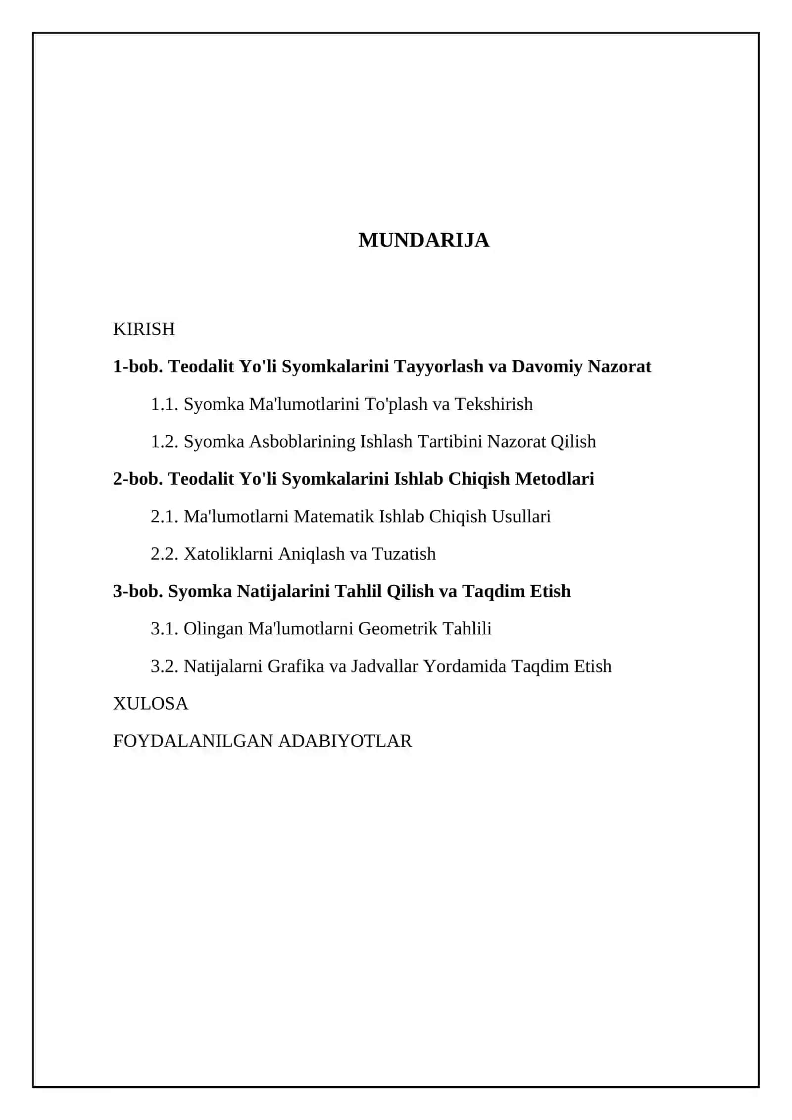 Teodalit yoʻli syomkalari natijalarini ishlab chiqish 2