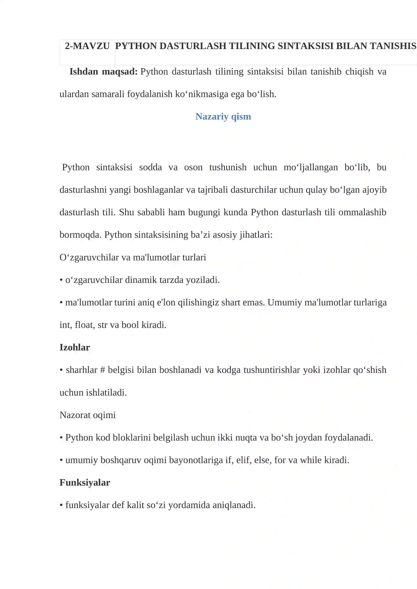 PYTHON DASTURLASH TILINING SINTAKSISI BILAN TANISHISH 2