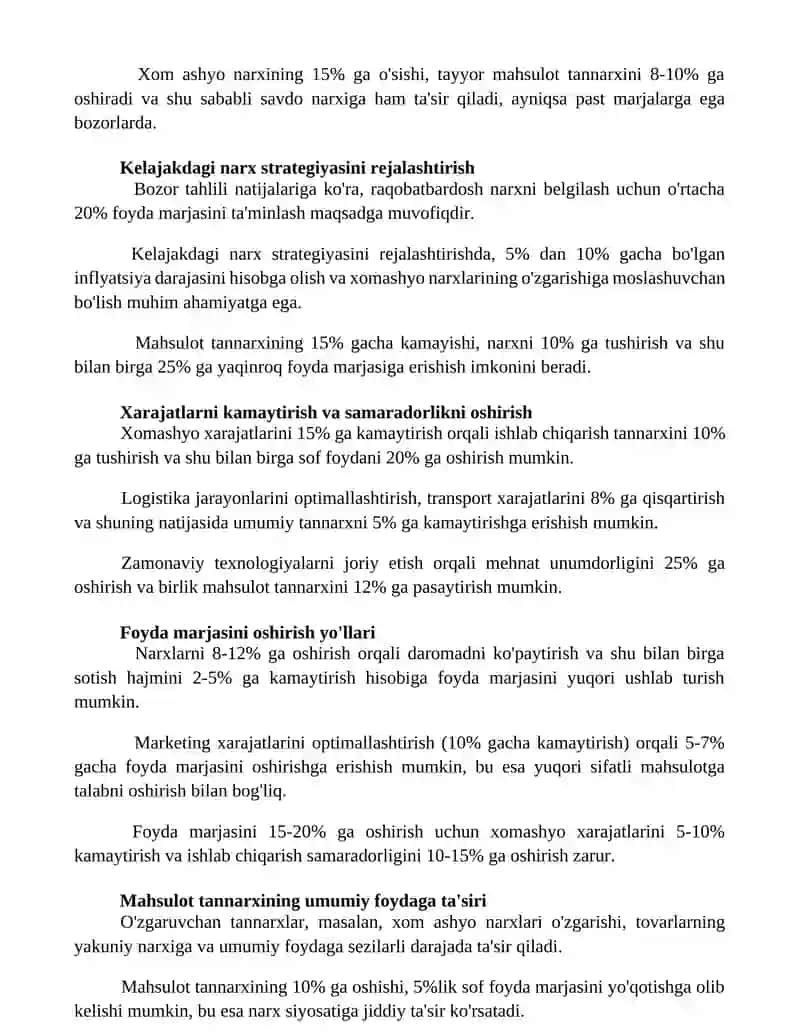 Mahsulot tannarxining yalpi foyda va narxlash siyosatiga ta'siri 2