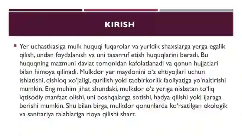 Yer uchaskasiga mulk huquqi asosida egalik qilishni o’ziga hos hususiyatlari 2