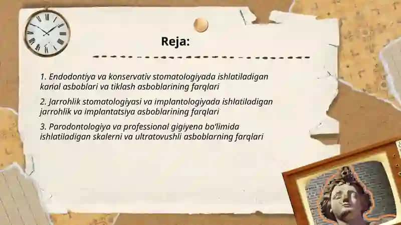 Stomatologiyaning turli bo'limlarida ishlatiluvchi asboblarni farqlash 2
