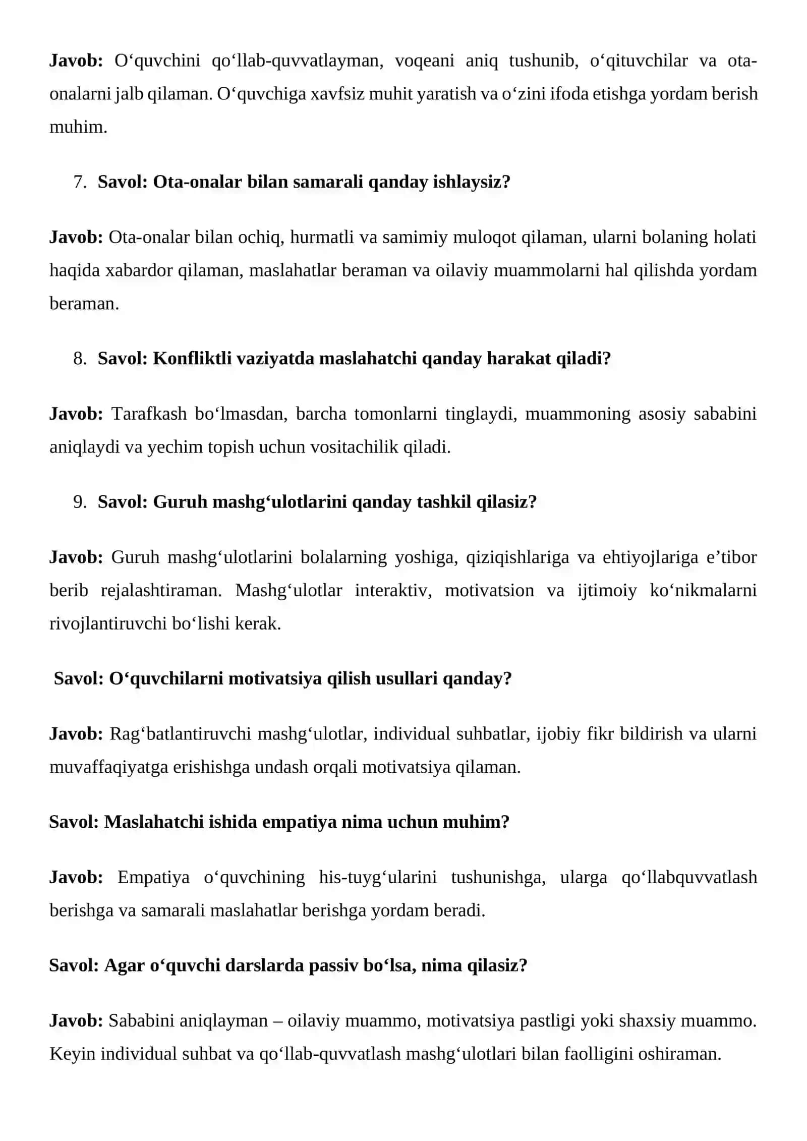 Maktab maslahatchisi ishi bo‘yicha suhbat  savollar va javoblari 2