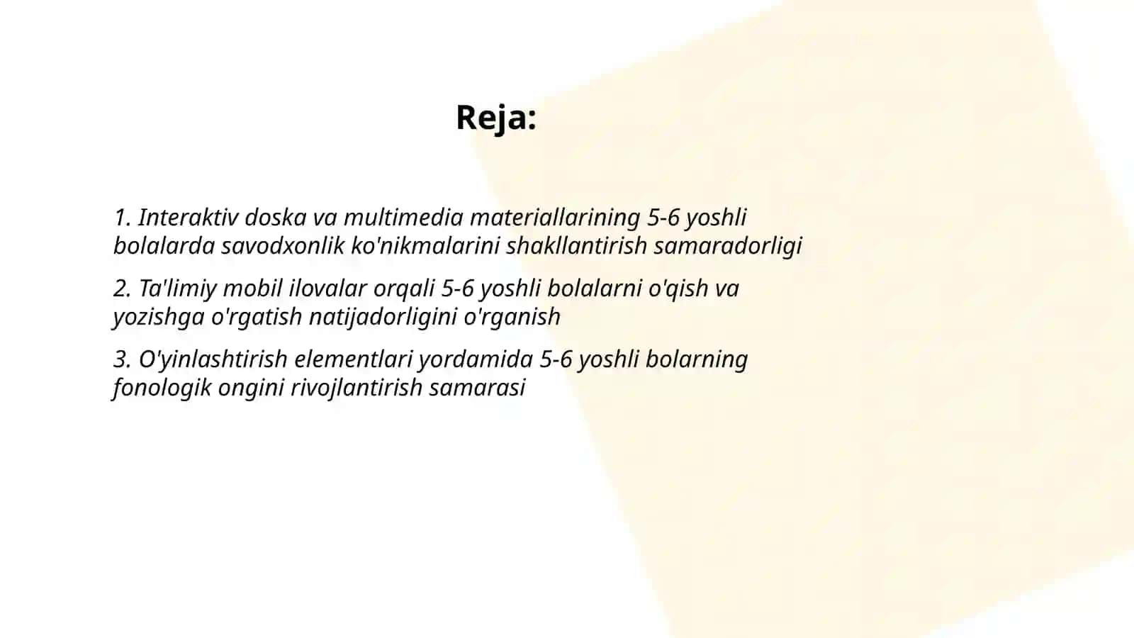 5-6 yoshli bolalarni savodxonlikka o'rgatish ta'limiy faoliyati jarayonida qo'llanilayotgan zamonaviy ta'lim texnologiyalarini tadbiq etish natijadorligi 2