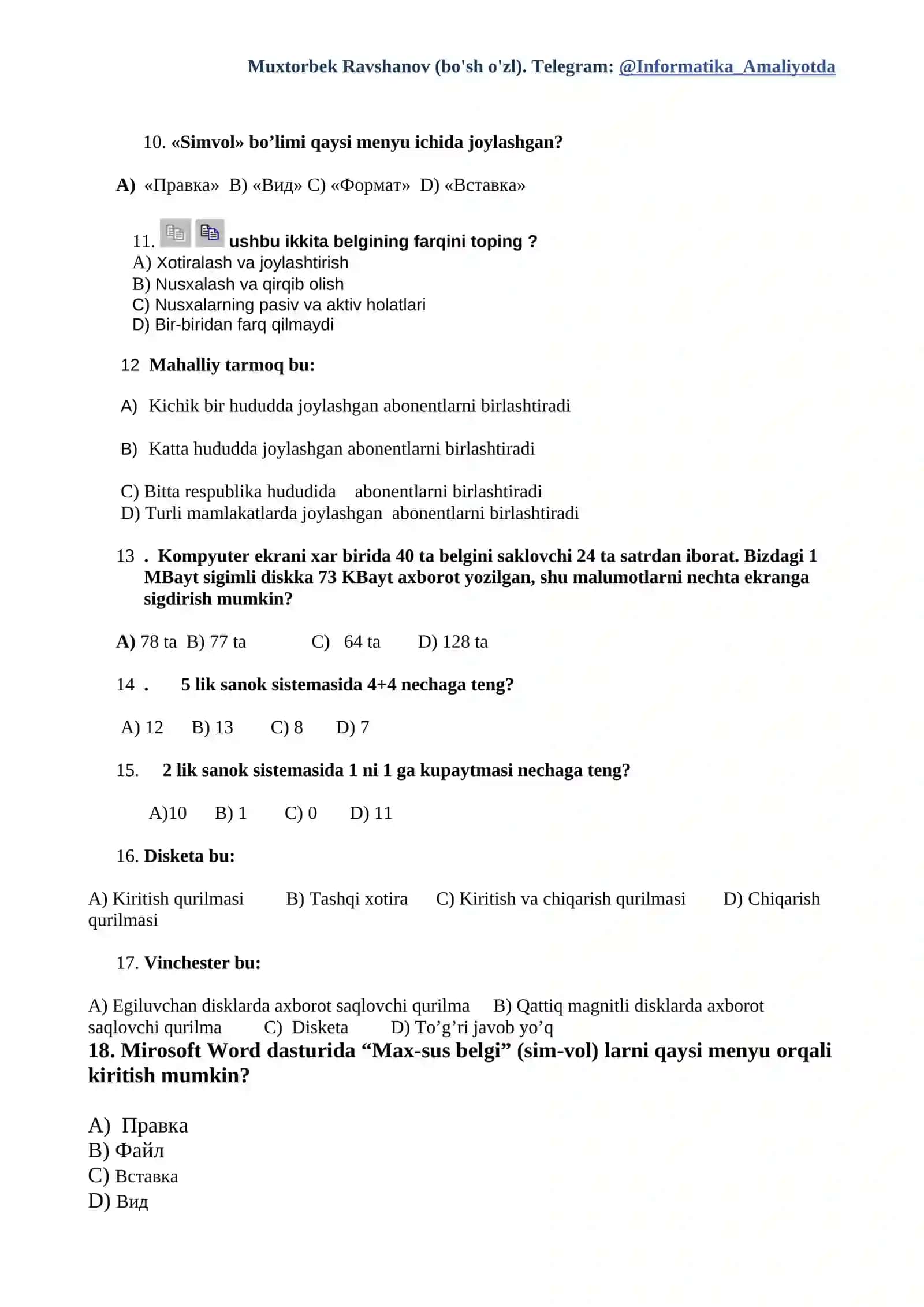 Muxtorbek Ravshanov (bo'sh o'zl). Telegram: @Informatika_Amaliyotda 2