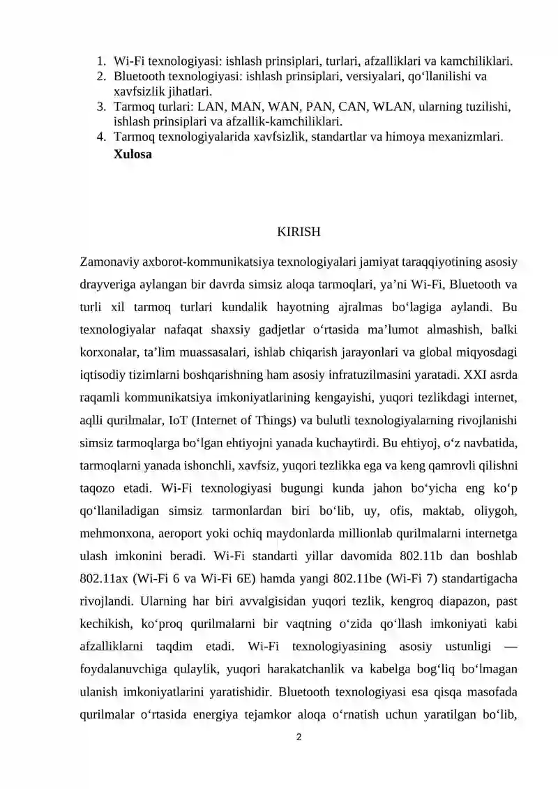 Wi-fi, Bluetooth va tarmoq turlari 2