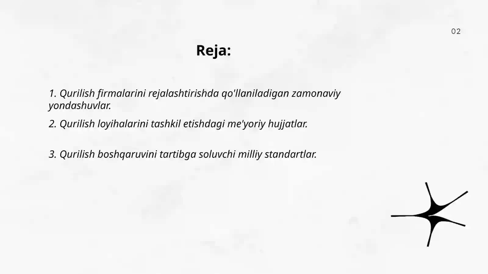 Qurilish firmalarini rejalashtirish tashkil etish va boshqarish faoliyatini tartibga soluvchi zamonaviy qarorlar,yo'riqnomalar va boshqa normativ hujjatlar bilan tanishish 2
