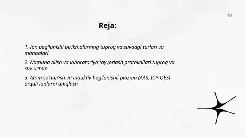 Tuproq va suv ifloslanishida ion bogʻlanishi birikmalarni aniqlab tozalash usulini ishlab chiqish 2