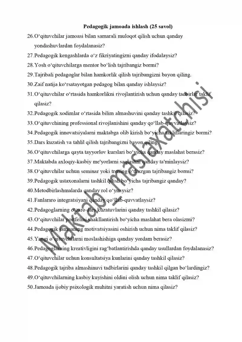 Maktab maslahatchisi savollar 500 ta 2