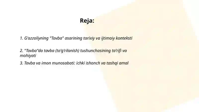 Gʻazzoliyning "Tavba" asari asosida din va axloq tushunchalarining yoritilishi 2