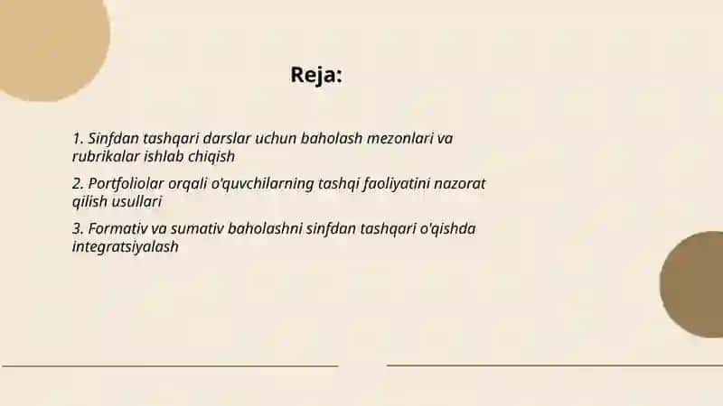 Mavzu: Sinfdan tashqari o'qish bo'yicha o'quvchilar bilimini,faoliyatini nazorat qilish yo'llarini ishlab chiqish 2