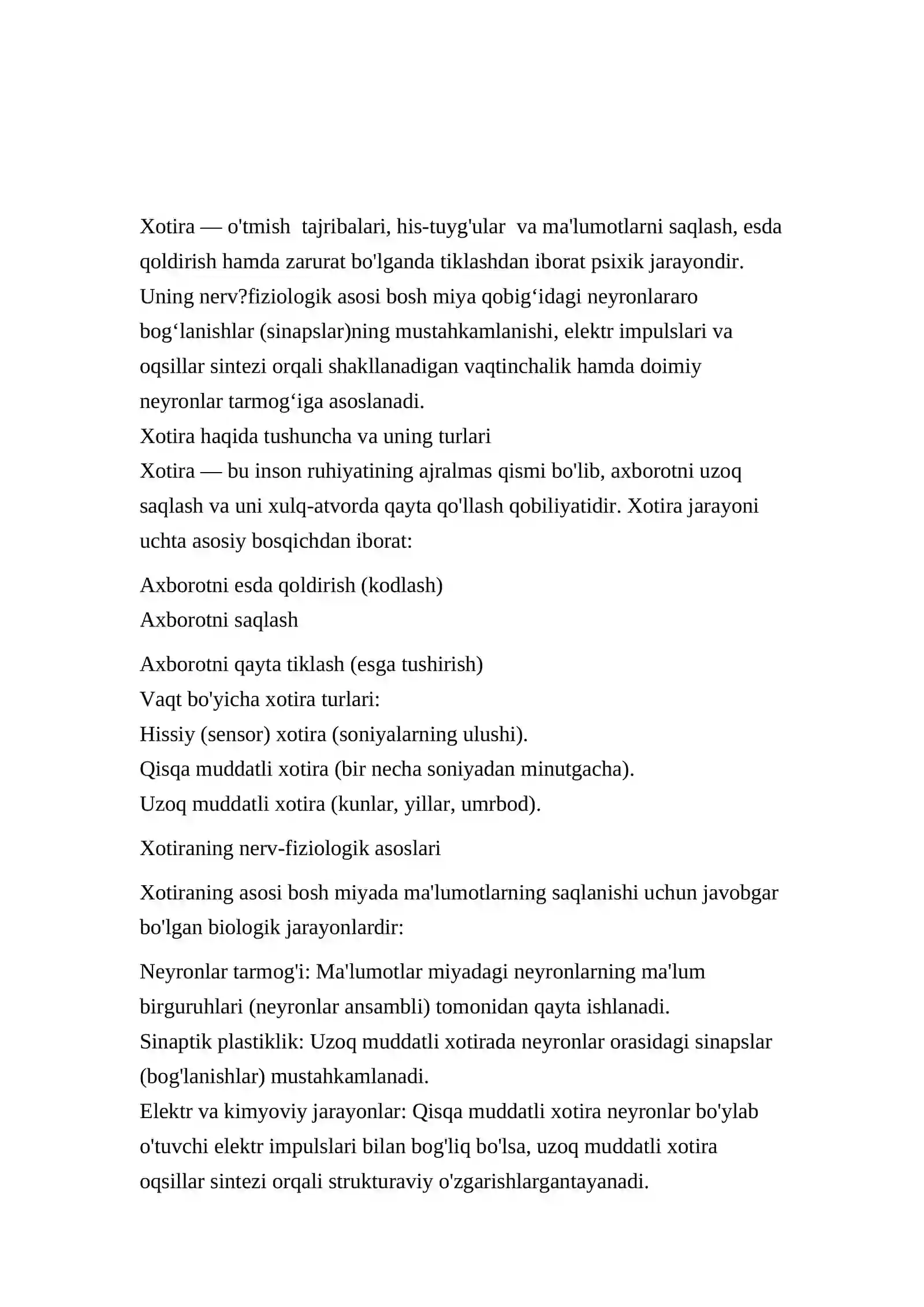XOTIRA HAQIDA TUSHUNCHA NA UNING NERV-FIZIOLOGIK ASOSI 2