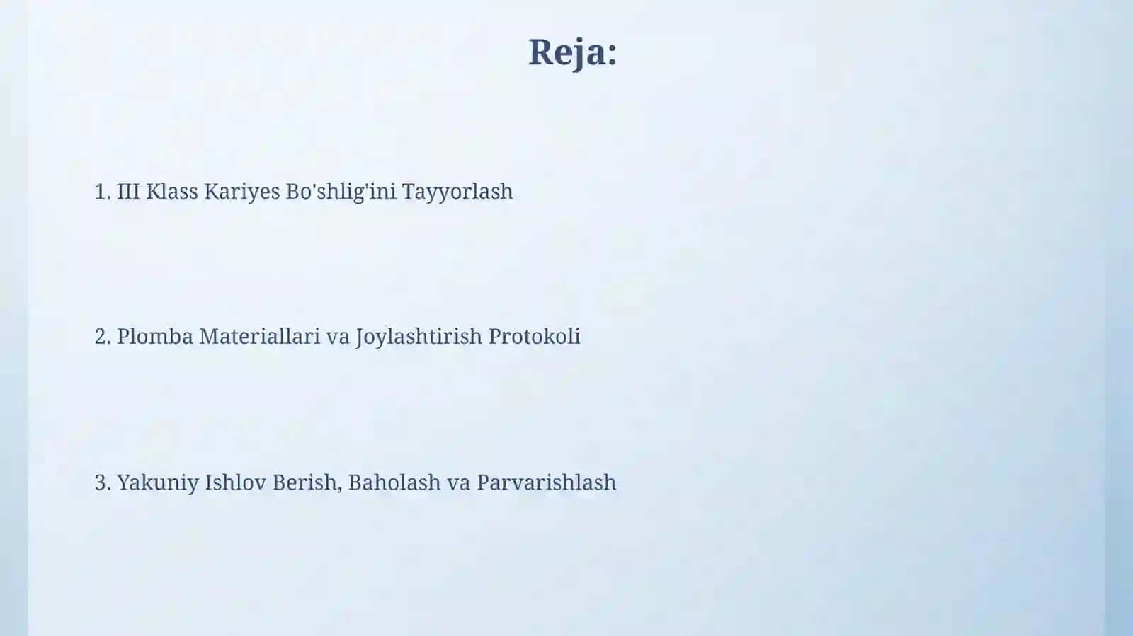 III sinf karioz bo'shliqlarni charxlash va plombalash 2