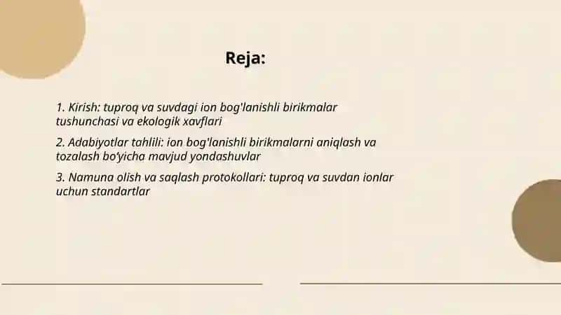 Tuproq va suvning ifloslanishida ion bog'lanishli birikmalarni aniqlab ulardan tozalash usulini ishlab chiqarish 2