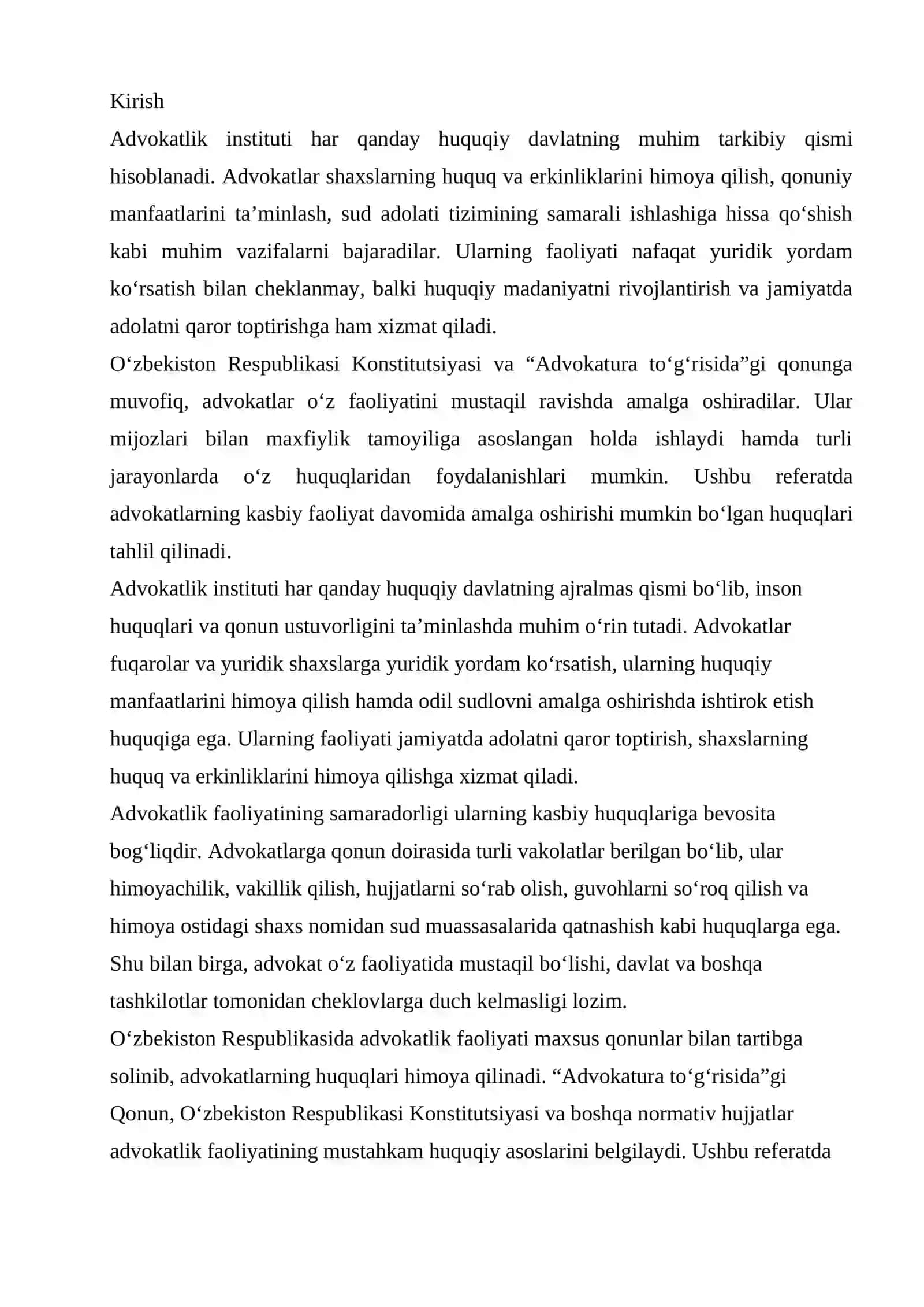 Advokat kasbiy faoliyati davomida amalga oshirishi mumkin bo’lgan huquqlari 2