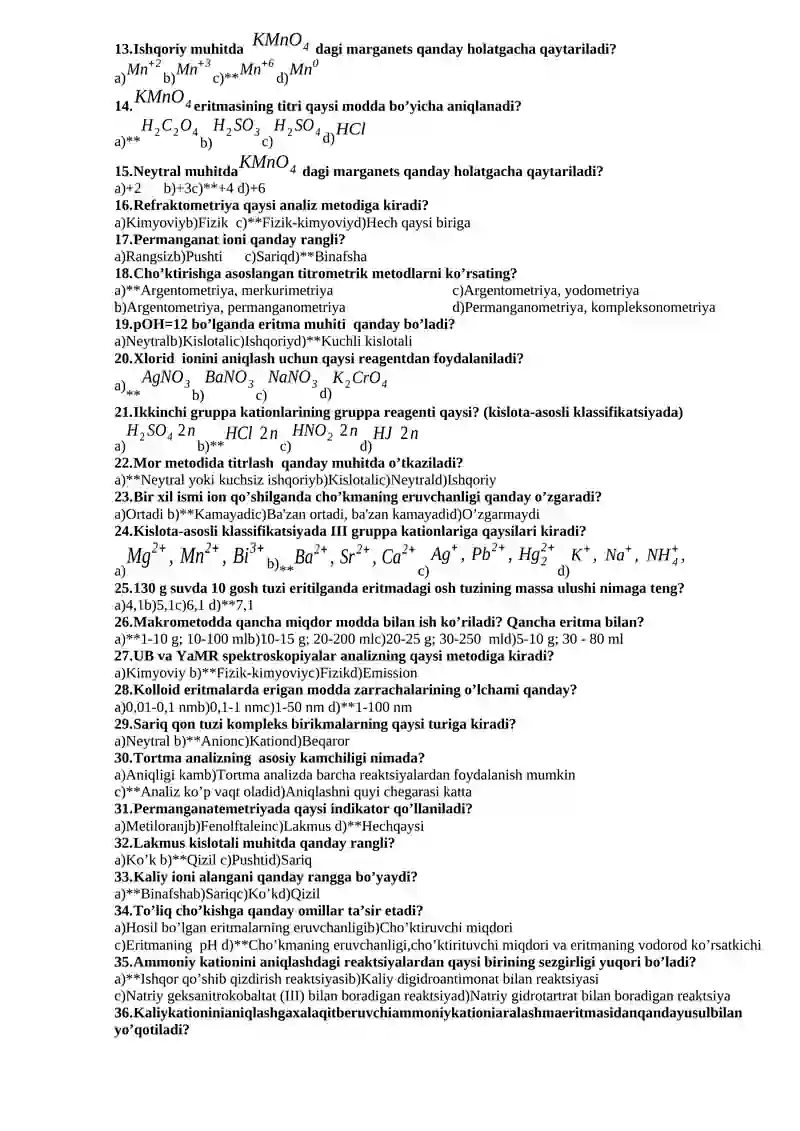 Analitik kimyo fanidan test savollari 2