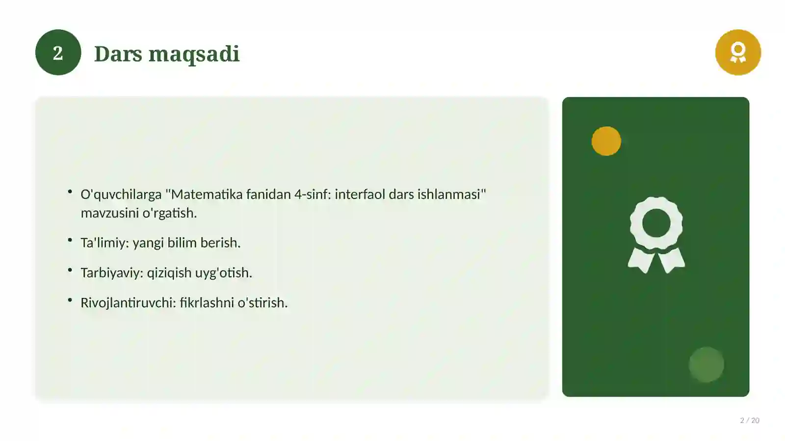 Matematika fanidan 4-sinf: interfaol dars ishlanmasi 2