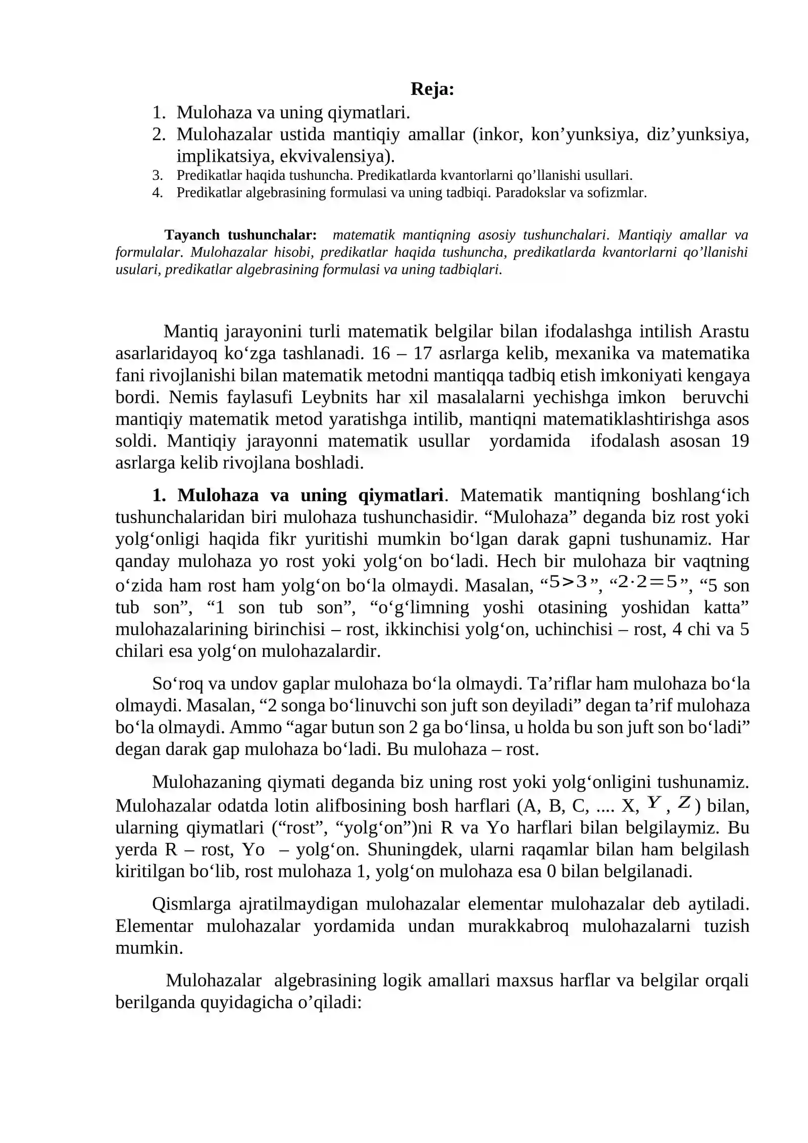 Mulohazalar va ular ustida amallar. Predikatlar, kvantorlar 2