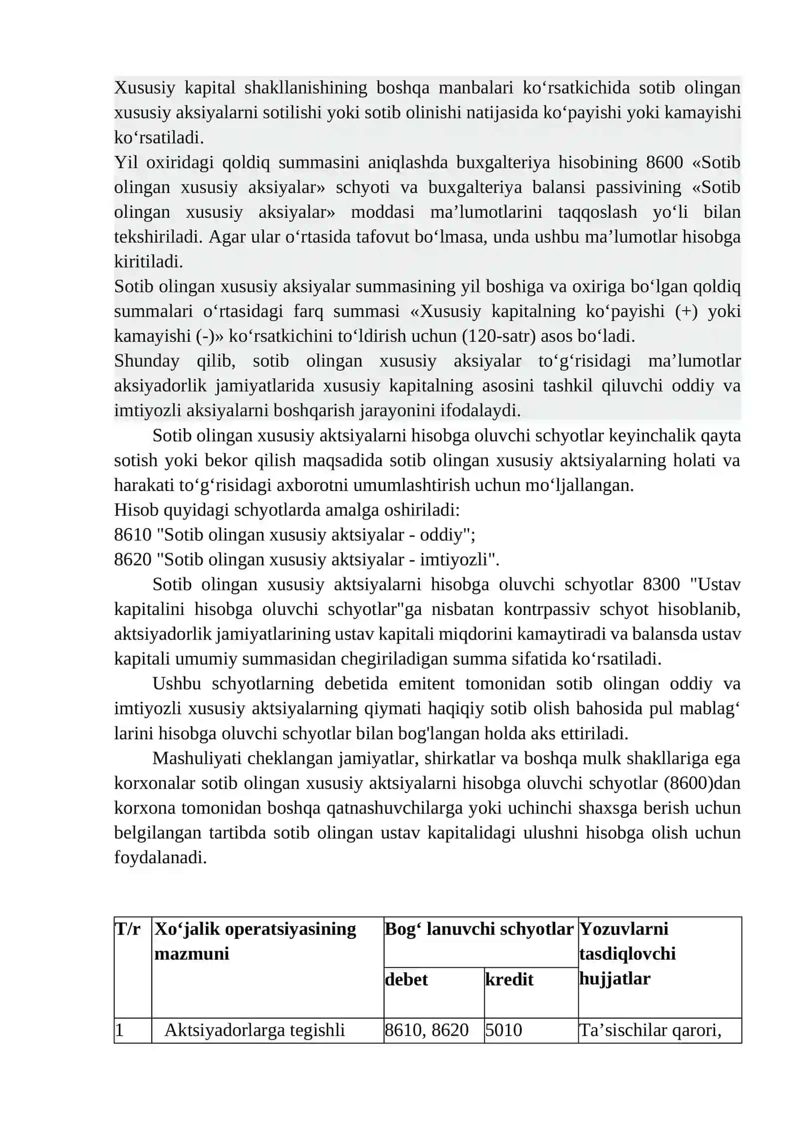 19-mavzu; Sotib olingan xususiy aktsiyalar hisobi. Maqsadli tushumlar hisobi. Taqsimlanmagan foyda va dvidentlar hisobi hisobi 2