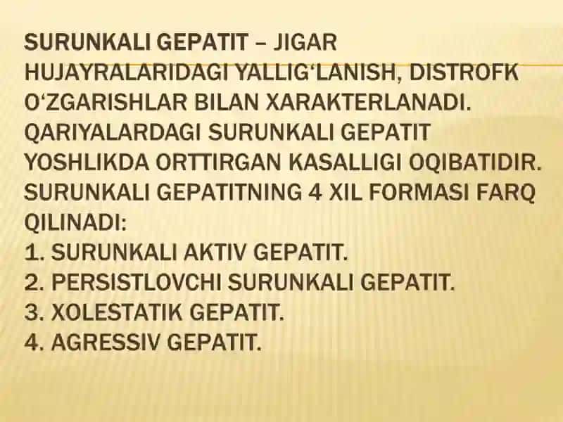 KEKSA VA QARI YOSHDAGI BEMORLARDA SURUNKALI GEPATIT,JIGAR SIRROZI,SURUNKALI GASTRIT,OSHQOZON VA O’N IKKI BARMOQLI ICHAK YARA KASALLIKLARINING O’ZIGA XOS KECHISHI VA GERIATRIK BEMORLARNI PARVARISHlashda hamshiralik jarayoni 2
