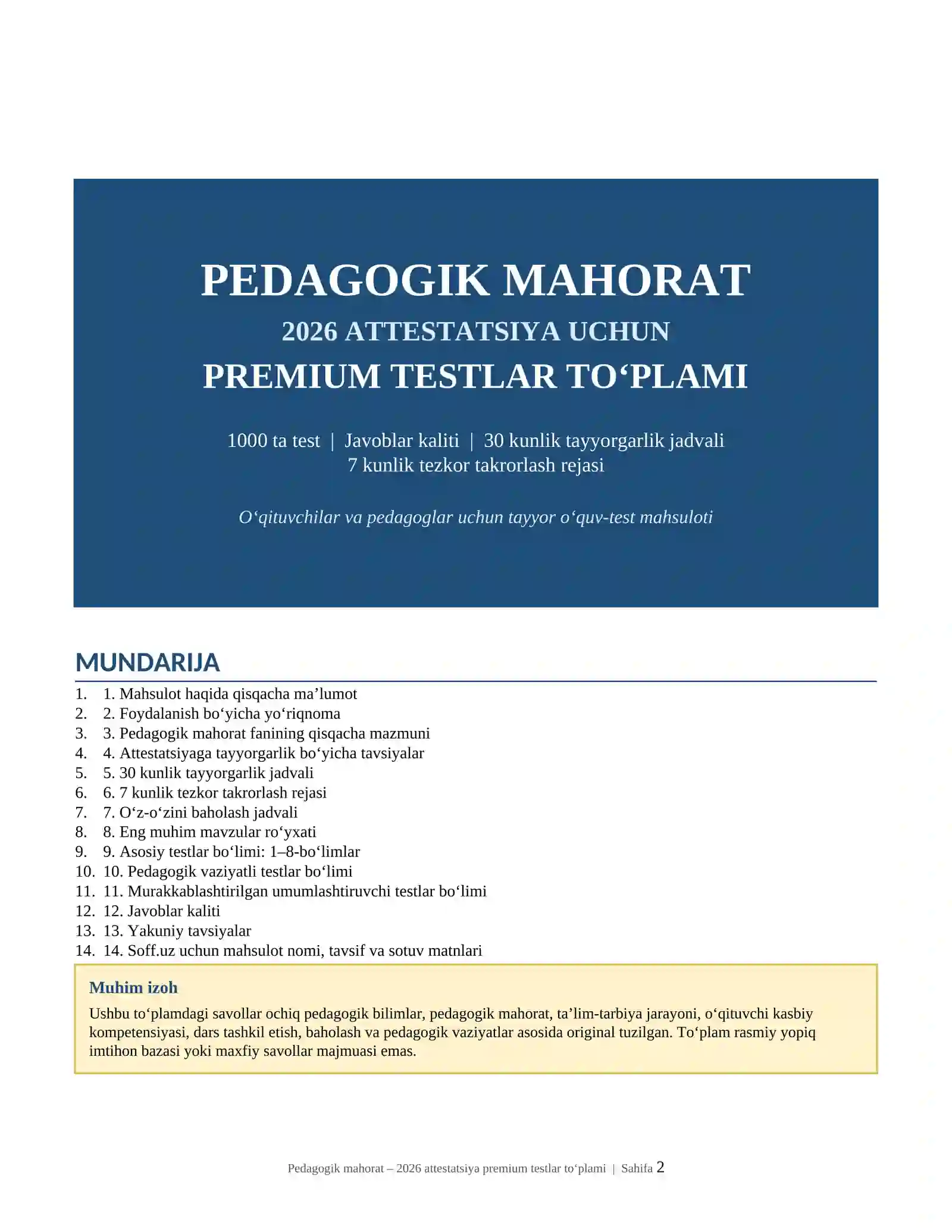 Pedagogik mahorat fanidan 2026 attestatsiyaga tayyor premium testlar to‘plami: 1000 ta test, javoblar kaliti va 30 kunlik tayyorgarlik jadvali bilan 2