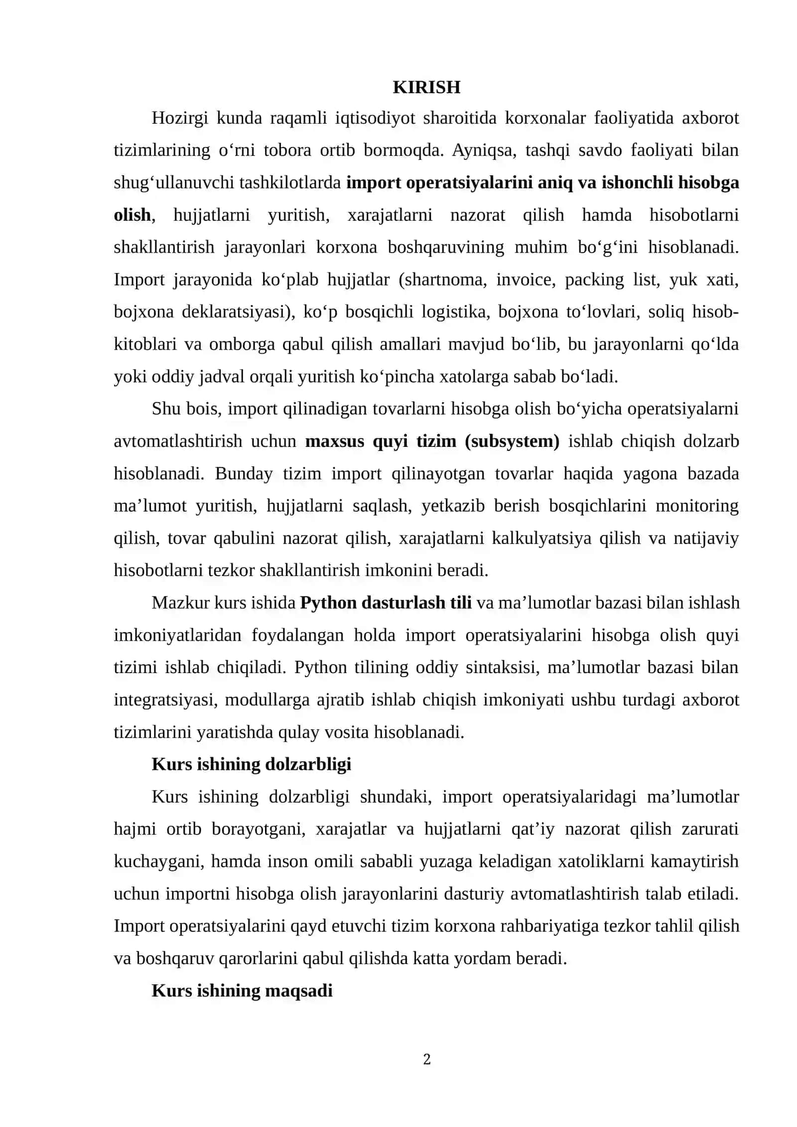 TOVARLARNI IMPORT QILISH BO‘YICHA OPERATSIYALARNI HISOBGA OLISH QUYI TIZIMINI ISHLAB CHIQISH 2