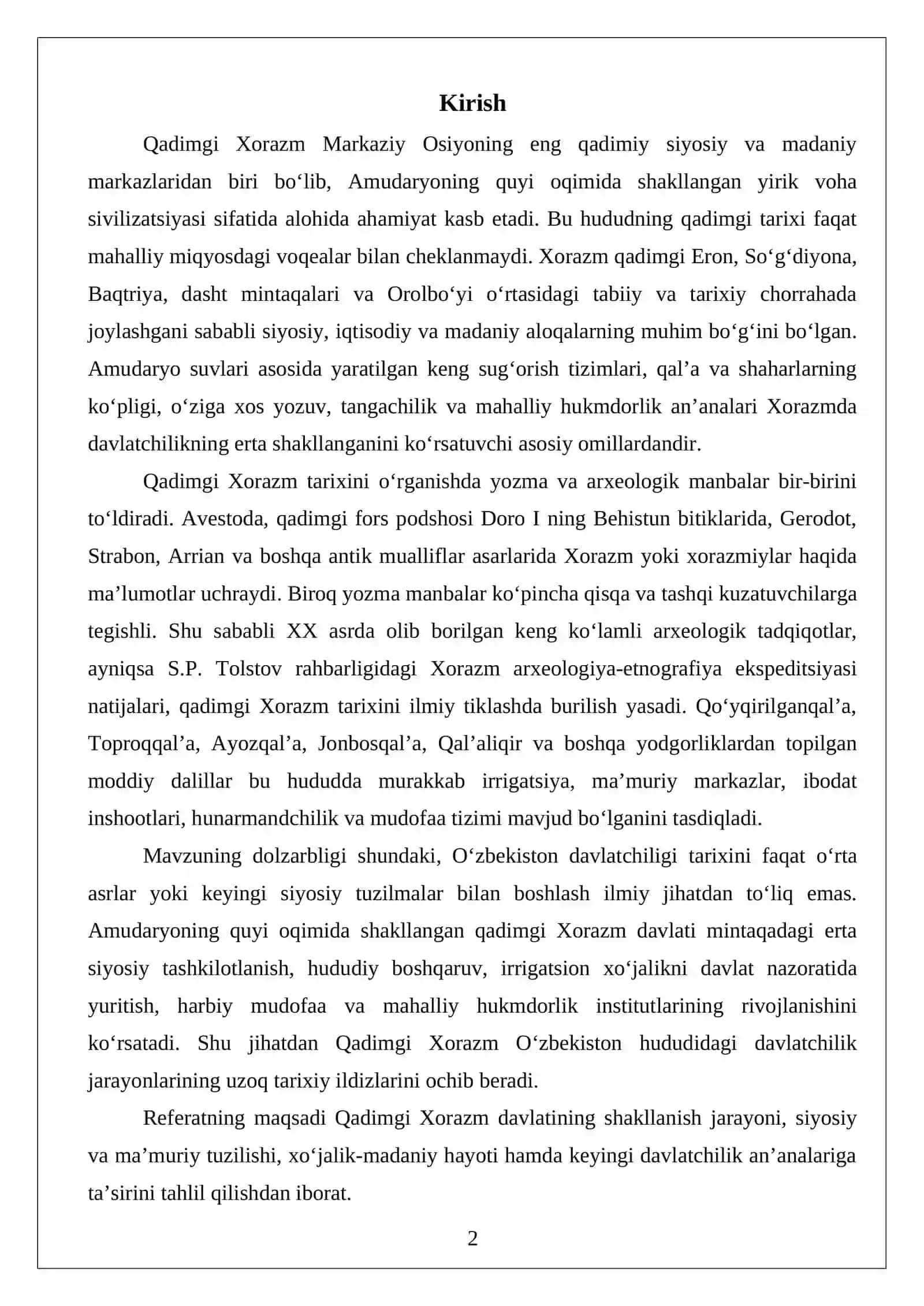 Qadimgi Xorazm Davlati va uning Davlatchilik Tarixidagi O‘rni 2