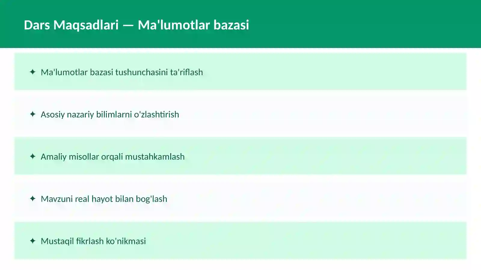 SQL O'qituvchilar va talabalar uchun dars ishlanma 2