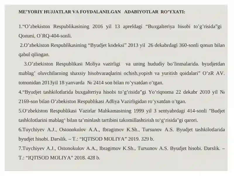 BYUDJET HISOBINING STANDARTLARI VA ULARNING MAZMUNI 2