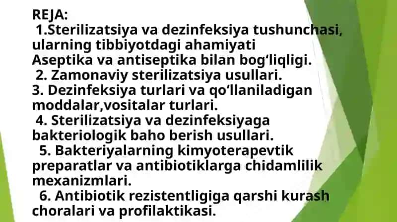 Sterilizatsiya,dezinfeksiya usullariga bakteriologik baho berish, kimyoterapevtik preparatlar va antibiotiklarga  bakteriyalarning chidamli  shtamlarining shakllanish mexanizmlari 2
