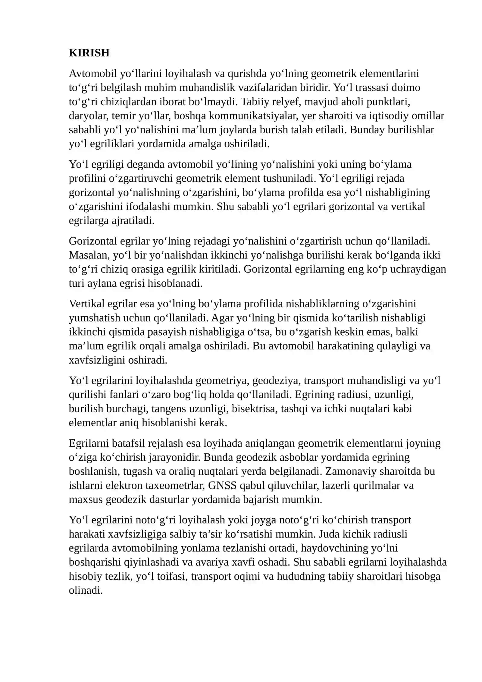 Yo‘l Egriliklari va Egrilarni Batafsil Rejalash Haqida Umumiy Tushunchalar 2