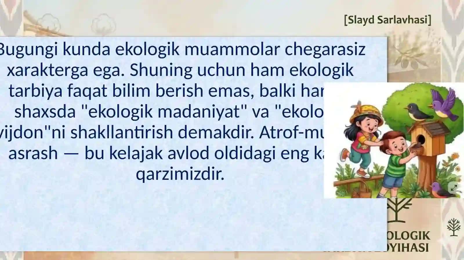 "Mittibog‘bonlar—kelajakposbonlari" mavzusibo'yichatayyorlagan LOYIHA TAQDIMOTI 2