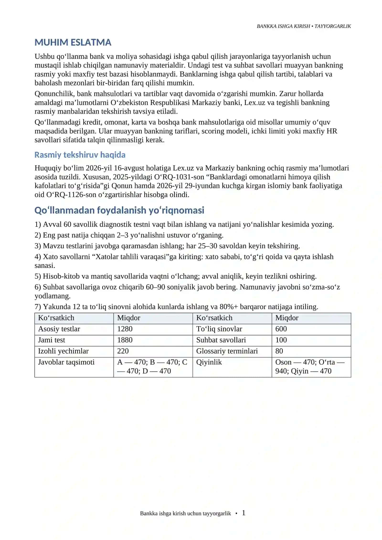 Bankka ishga kirish uchun testlar | Bank ishi + Kredit + Moliya + AKT + Mantiq + Suhbat | 700+ test 2