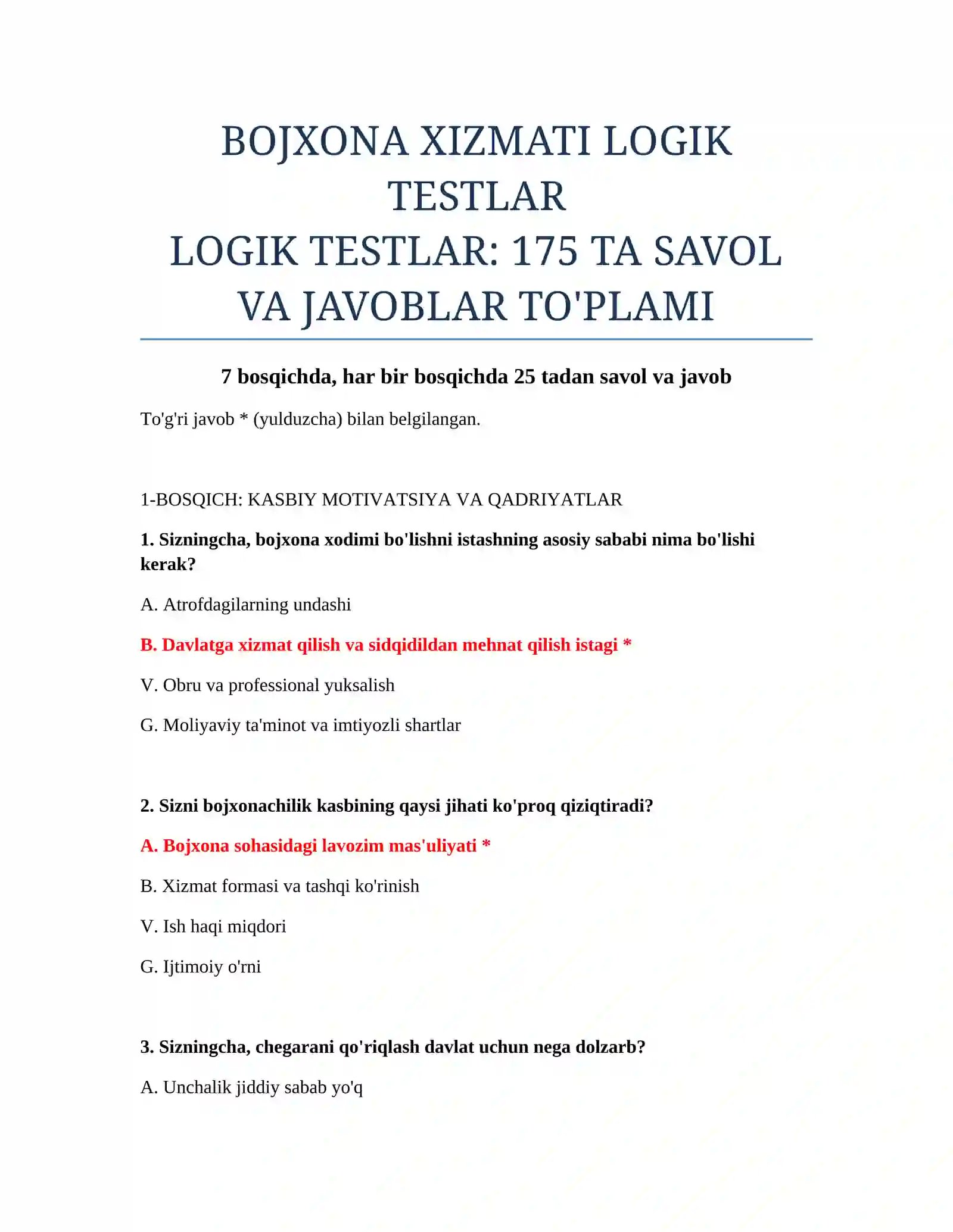 BOJXONA XIZMATI LOGIK TESTLAR 2