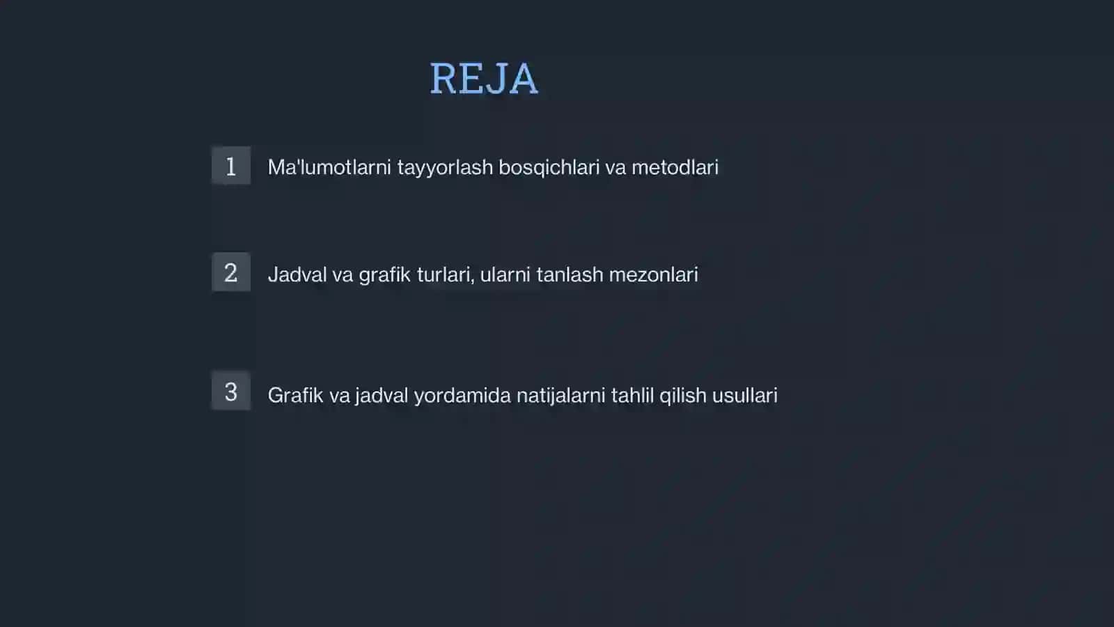Tadqiqotda ma'lumotlarni qayta ishlash,jadval va grafiklar tayyorlash 2