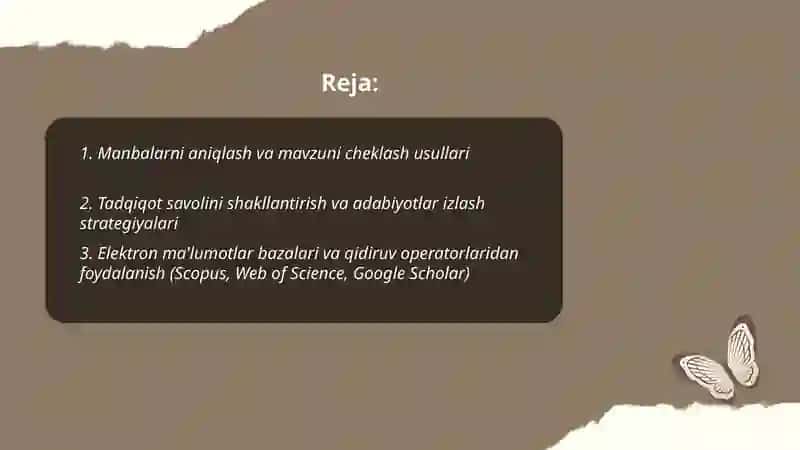 Berilgan mavzularga oid manbalar tahlili va adabiyotlar sharhini tayyorlash 2