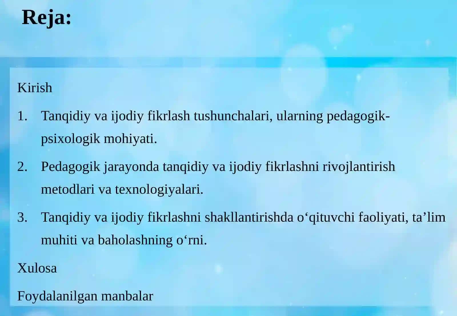 PEDAGOGIK JARAYONDA TANQIDIY VA IJODIY FIKRLASHNI RIVOJLANTIRISH 2