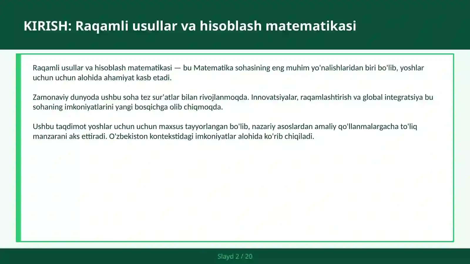 Raqamli Usullar va Hisoblash Matematikasi 2