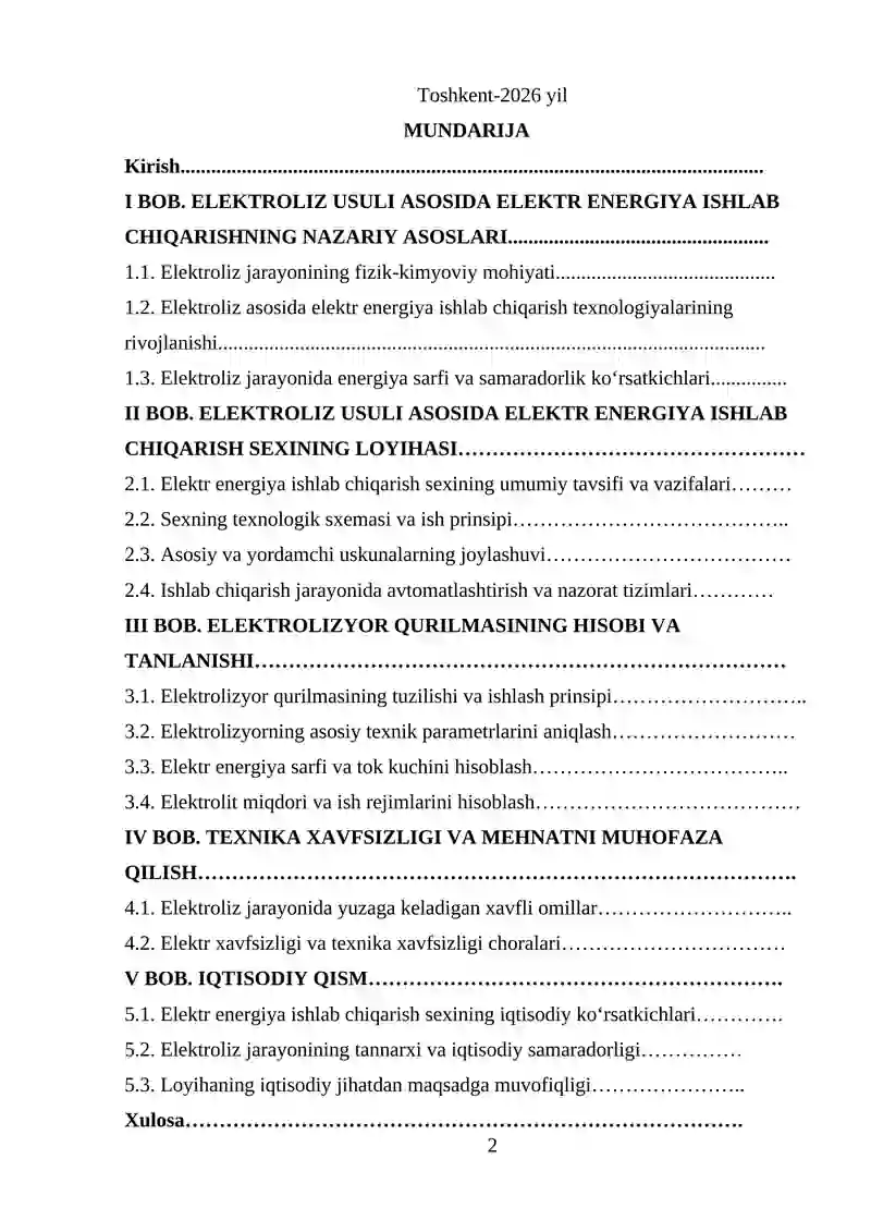 Eloktroliz usuli asosida elektr energiya ishlab chiqarish sexining loyihasi va elektrolizyor qurulmasi hisobi 2