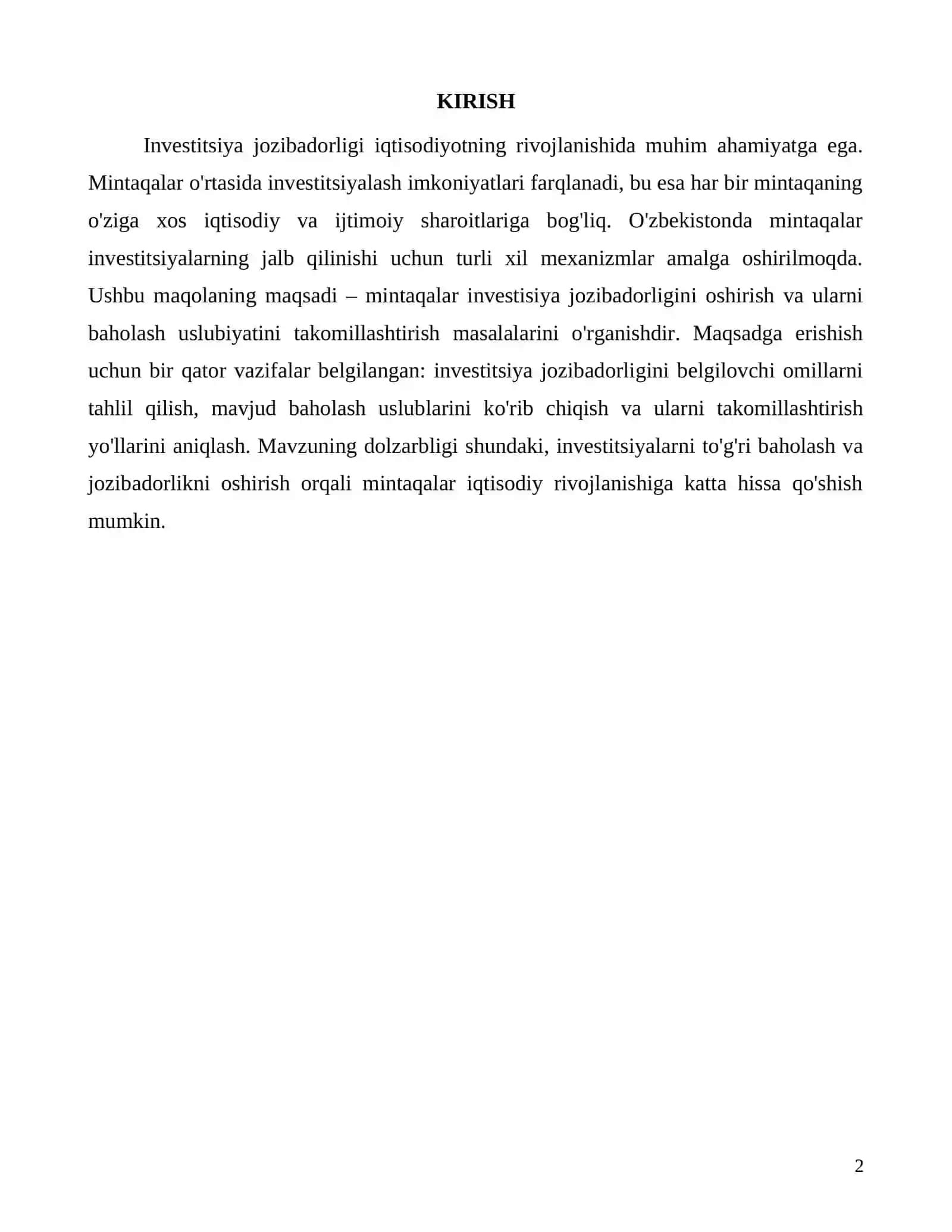 Mintaqalar investisiya jozibadorligini oshirish va baholash uslublari 2
