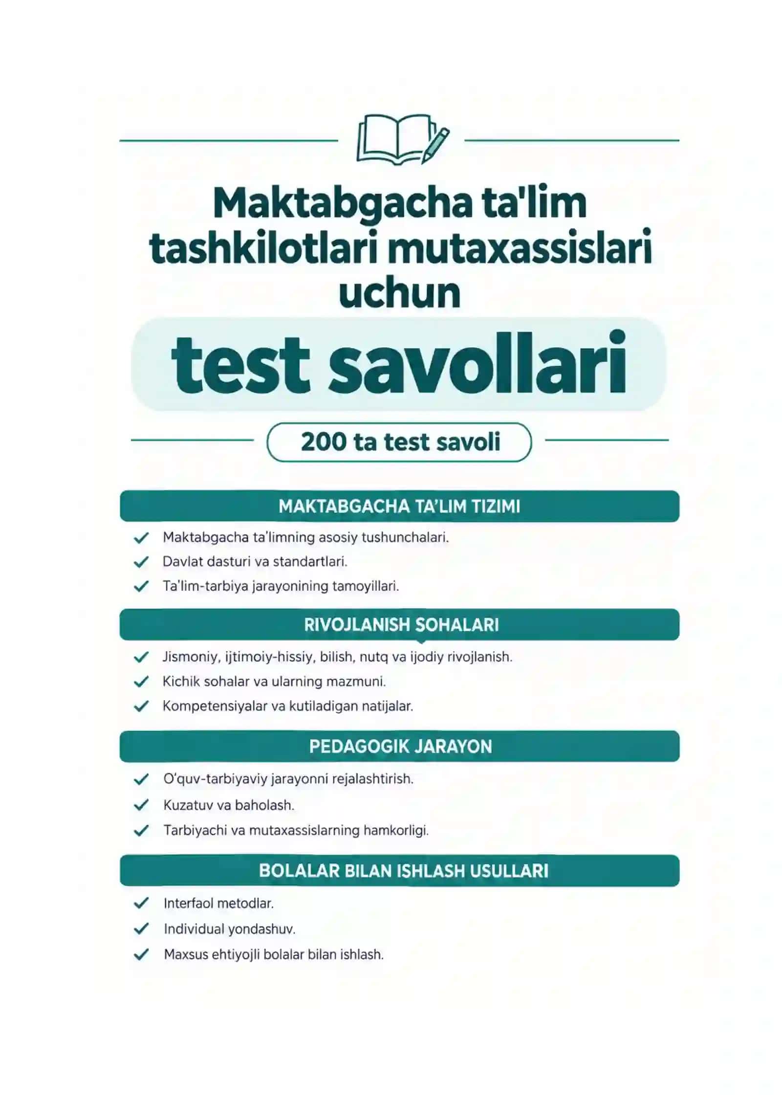 Maktabgacha ta'lim tashkilotlari mutaxassislari uchun test savollari ATTESTATSIYA 2