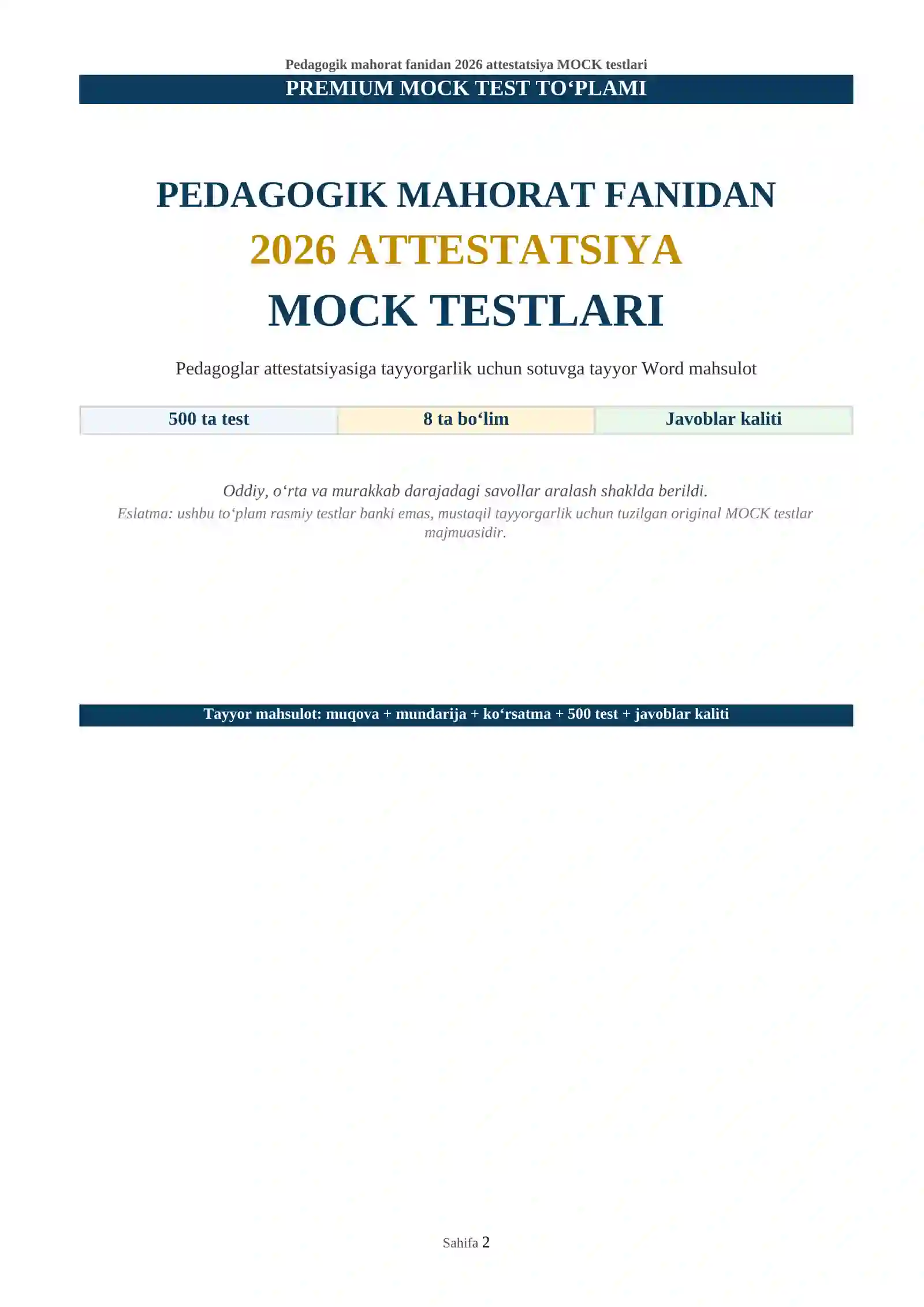 Pedagogik mahorat fanidan 2026 attestatsiya MOCK testlari 2