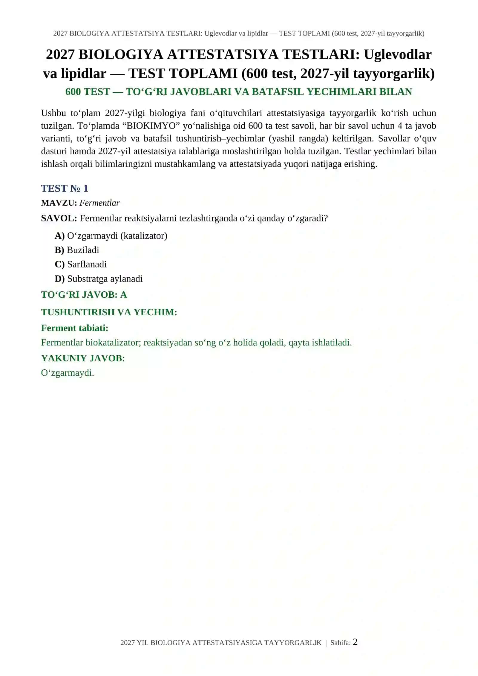 2027 BIOLOGIYA ATTESTATSIYA TESTLARI: Uglevodlar va lipidlar — TEST TOPLAMI (600 test, 2027-yil tayyorgarlik) 2